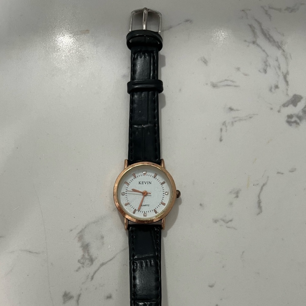 Black Leather Strap Watch with White Dial